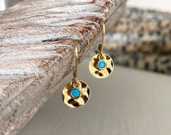 Small Gold and Turquoise Wavy Disc Earrings, Gemstone Dangle Earrings, Simple Everyday Jewelry