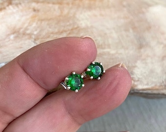 Sterling Silver Emerald Green CZ Stud Earrings, 6mm Round Gemstone Studs, May Birthstone Jewelry Gifts for Her
