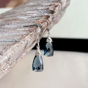Blue Gemstone Dangle Earrings Sterling Silver, London Blue Topaz Quartz Earrings, Elegant Everyday Jewelry Gifts for Her