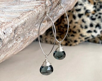 Blue Tourmaline Quartz Marquise Hoops, Sterling Silver Gemstone Statement Earrings, Tourmaline Drop Dangle Earrings