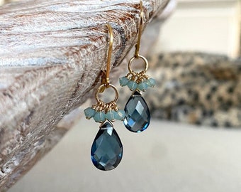 London Blue Topaz Cluster Dangle Earrings, Small Gemstone Earrings, Topaz Jewelry, December Birthstone