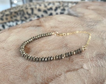 Beaded Pyrite Hematite Bracelet Gold, Metallic Gemstone Stack Bracelet for Women, Hematite Jewelry