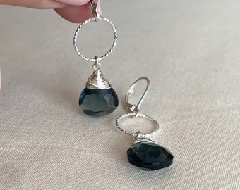 Indicolite Tourmaline Quartz Earrings, Blue Tourmaline Dangle Earrings, Sterling Silver Hoops with Stone Drop