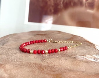 Beaded Red Coral Bracelet, Dainty 14k Gold Filled or Sterling Silver Gemstone Stack Bracelet, Valentine Jewelry Gift for Mom, Wife, Daughter