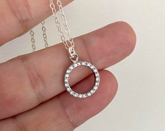 Open Circle CZ Charm Necklace Silver, Small Eternity Necklace, Clear Gemstone Layering Necklace