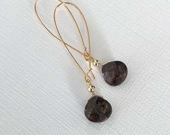 Brown and Gold Earrings, Long Bronzite Kidney Hoop Earrings, Gemstone Earrings, Birthday Jewelry Gifts for Her