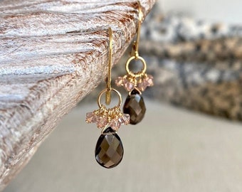 Tiny Smoky Quartz Cluster Dangle Earrings 14k Gold Filled, Small Brown and Pink Earrings, Petite Gemstone Earrings