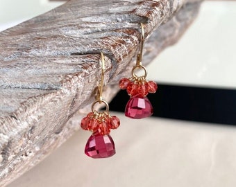 Small Red Quartz Cluster Earrings, Gold Filled Dainty Gemstone Earrings, Jewelry Gifts for Mom Wife Sister Daughter Girlfriend