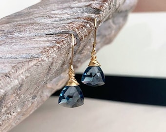 Trillion Cut London Blue Topaz Quartz Dangle Earrings 14k Gold Filled, Wire Wrapped Blue Stone Earrings, Small Gemstone Earrings