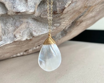 Large Mother of Pearl Necklace Gold or Silver, Wire Wrapped Shell Pendant, Gemstone Layering Necklace, Pearl Jewelry