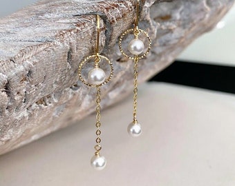 Small Hoops with Pearl, Gold or Silver Pearl Earrings Drop Dangle, Valentine's Day Gift for Her