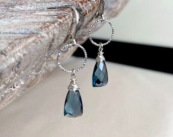 London Blue Topaz Hoop Earrings, Sterling Silver Gemstone Drop Dangle Earrings, Birthday Jewelry Gifts for Her