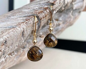 Small Bronzite Drop Dangle Earrings Gold or Silver, Metallic Brown Gemstone Earrings, Minimalist Earrings, Bronzite Jewelry