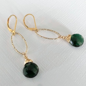 Emerald Green Quartz Dangle Earrings, Long Oval Hoop Earrings in Gold or Silver, May Birthstone Jewelry, Textured Hoop Earrings