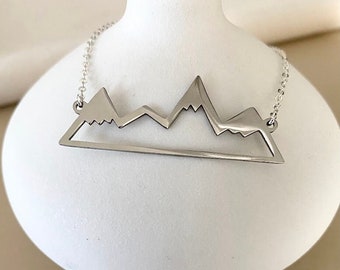 Large Mountain Valley Cut Out Pendant Necklace, Natural Silver Stainless Steel Snow Summit Necklace, Nature Lover Gift