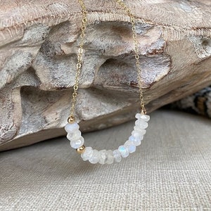 Rainbow Moonstone Row Necklace – Dainty Gold or Silver White Gemstone Necklace, Minimalist Beaded Layering Jewelry, Gift for Her