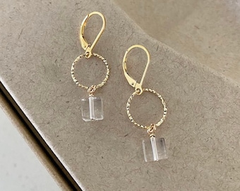 Small Clear Quartz Hoop Dangle Earrings, Vermeil Gold or Sterling Silver Gemstone Earrings, Jewelry Gifts for Her
