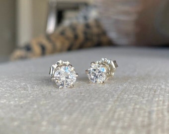 Sterling Silver CZ Diamond Stud Earrings, 6mm Gemstone Studs, Jewelry Gifts for Her