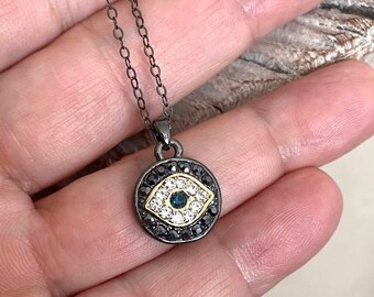 Small Crystal Evil Eye Charm Necklace, Dainty Oxidized Silver Protection Necklace, Evil Eye Jewelry