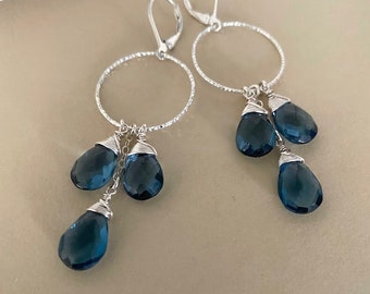 London Blue Topaz Quartz Statement Hoop Earrings, Sterling Silver Cascading Cluster Dangle Earrings, Large Gemstone Hoops