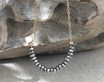 Beaded Silver Hematite Necklace for Women, Gemstone Layering Necklace, Silver Stone Necklace