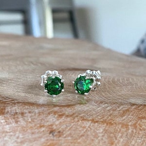 Sterling Silver Emerald Green CZ Stud Earrings, 6mm Round Gemstone Studs, May Birthstone Jewelry Gifts for Her image 2