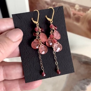 Cherry Quartz Cascade Cluster Earrings Gold, Long Red and Pink Stone Dangle Earrings, Gemstone Earrings