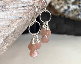 Sterling Silver Peach Moonstone Cascading Dangle Earrings, Gemstone Cluster Hoop Earrings, Celestial Jewelry