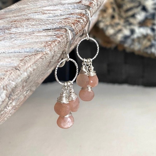 Sterling Silver Peach Moonstone Cascading Dangle Earrings, Gemstone Cluster Hoop Earrings, Celestial Jewelry