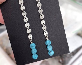 Silver and Turquoise Dangle Earrings, Gemstone Chain Earrings, Sequin Coin Chain Blue Stone Earrings