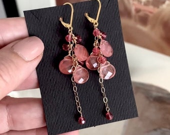 Cherry Quartz Cascade Cluster Earrings 14k Gold Filled, Long Red and Pink Gemstone Dangle Earrings, Jewelry Gifts for Her