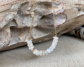 Moonstone Bar Necklace, 14k Gold Filled Beaded Gemstone Layering Necklace for Women, Jewelry Gifts for Her