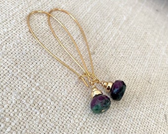 Ruby Zoisite Hoop Earrings, Long Kidney Hoops with Stone Dangle, Ruby Hoops Gold