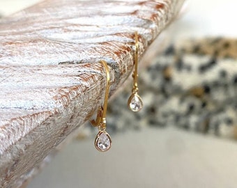 Tiny CZ Gemstone Earrings Gold Filled, Small Gold Dangle Earrings, Jewelry Gifts for Her