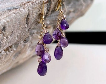 Amethyst Cascade Cluster Earrings Gold, Amethyst Jewelry, February Birthstone, Purple Gemstone Earrings