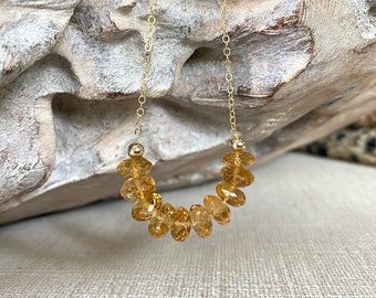 Honey Citrine Necklace Gold, Beaded Gemstone Necklace for Women, November Birthstone, Yellow Stone Layering Necklace