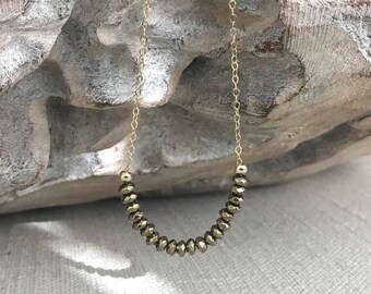 Dainty Beaded Hematite Necklace for Women, Gemstone Layering Necklace, Gold Pyrite Hematite Necklace