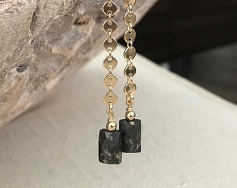 Long Pyrite Dangle Earrings Gold, Gemstone Earrings, Pyrite Jewelry, Sequin Coin Chain with Stone Earrings