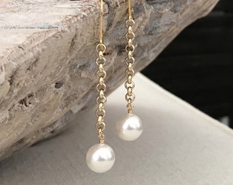 Long Pearl Chain Earrings Gold, Dainty Large Pearl Drop Dangle Earrings, Pearl Jewelry, Minimalist Earrings