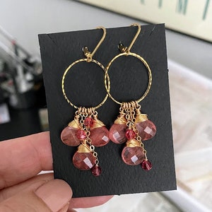 Cherry Quartz Cluster Hoop Dangle Earrings Gold, Hoops with Cascading Pink and Red Stones, Gemstone Statement Earrings