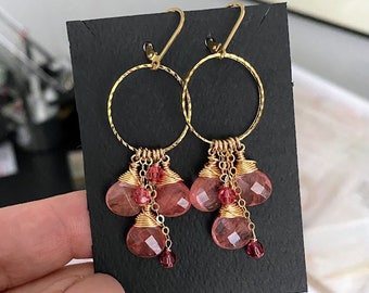 Cherry Quartz Dangle Earrings Gold, Hoop Earrings with Stone Cluster, Red Gemstone Earrings, Handmade Jewelry