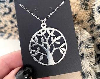 Large Tree of Life Necklace, Brushed Silver Tree of Life Filigree Pendant, Family Tree Necklace