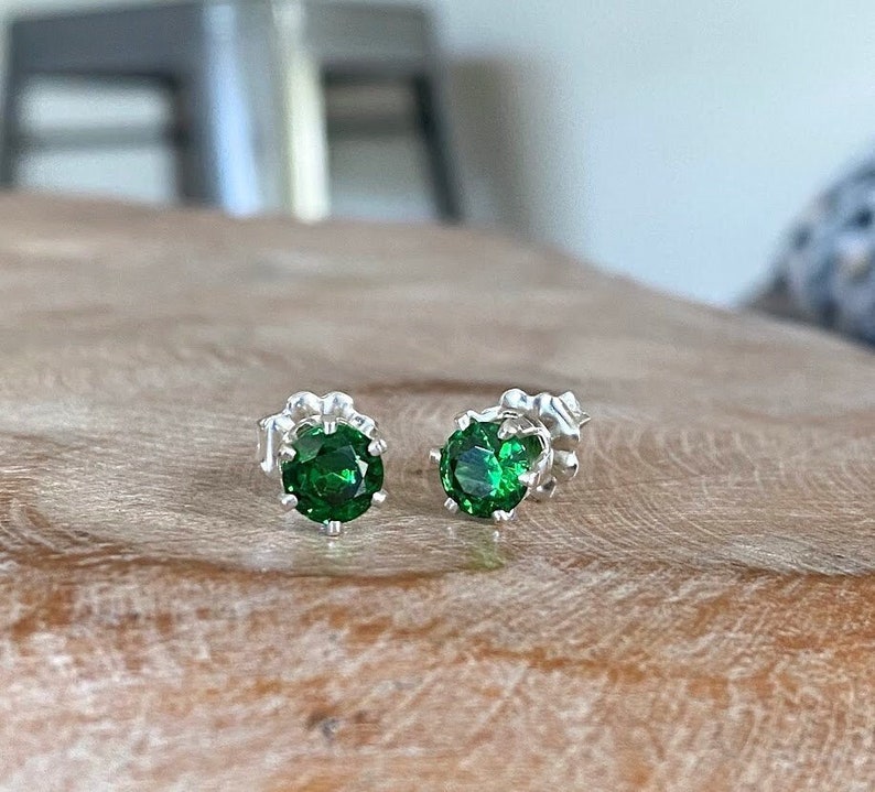 Sterling Silver Emerald Green CZ Stud Earrings, 6mm Round Gemstone Studs, May Birthstone Jewelry Gifts for Her image 2