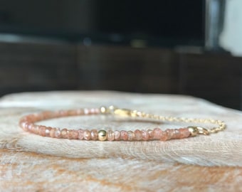 Beaded Sunstone Bracelet Gold, Dainty Peach Gemstone Stack Bracelet for Women, Jewelry Gifts for Her