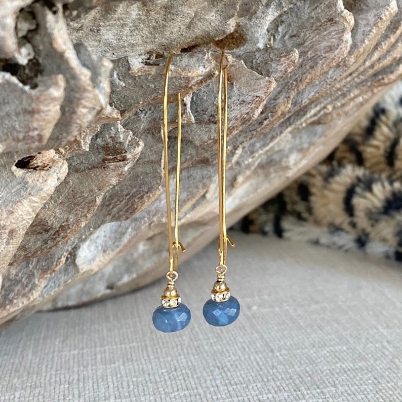 Denim Blue Opal Hoop Earrings, Long Gold or Silver Gemstone Earrings, October Birthstone Jewelry Gifts image 2