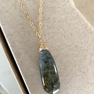 Black Sunstone Teardrop Necklace – Large Sparkly Gemstone Pendant, 14k Gold Filled Chain, Boho Chic Layering Necklace, Elegant Gift for Her
