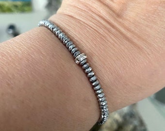 Silver Bead Stretch Bracelet, Silver Hematite Bracelet for Women, Silver Ball Stack Bracelet, Hematite Jewelry