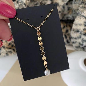 Dainty Crystal Pearl Lariat Necklace – Gold Filled or Sterling Silver Y Necklace, Minimalist Drop Jewelry, Simple Crystal Pearl Pendant Gift