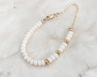 Beaded Natural White Coral Bracelet Gold Filled or Sterling Silver, Gemstone Stack Bracelet for Women, Birthday Jewelry Gifts for Her