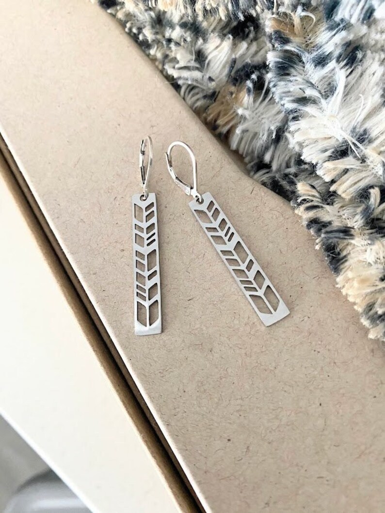 Modern Chevron Filigree Earrings, Natural Silver Stainless Steel Geometric Earrings, Long Rectangle Dangle Earrings image 1